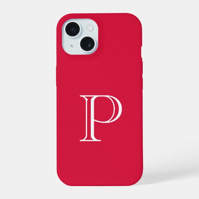 Coque iPhone 15 Monogramme couleur solide rouge Crimson initial (Verso)