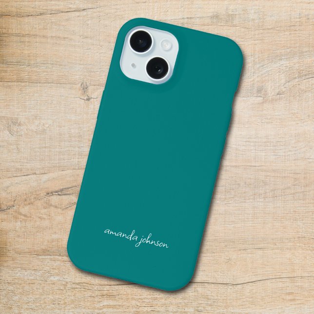 Coque iPhone 15 Monogramme cursif sarcelle minimal d'un nom (Créateur téléchargé)
