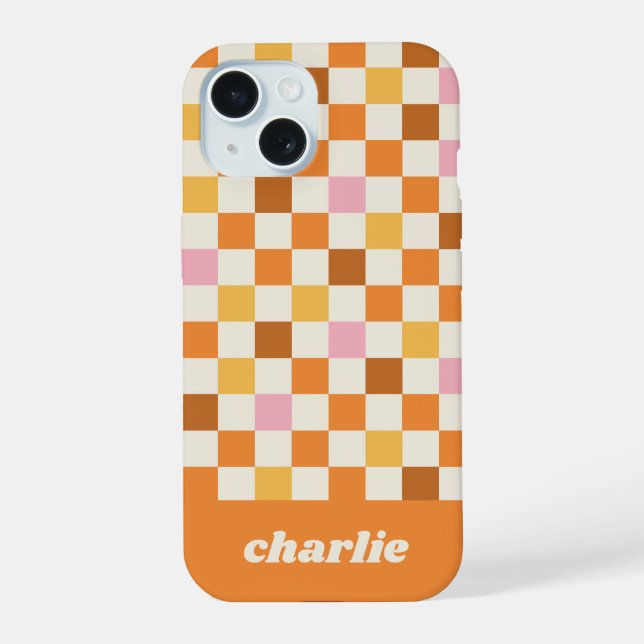 Coque iPhone 15 Monogramme damier rétro branché (Verso)