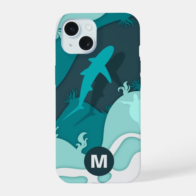 Coque iPhone 15 Monogramme d'art abstrait de requin cool (Verso)