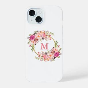 Coque iPhone 15 Monogramme de couronne florale rose aquarelle