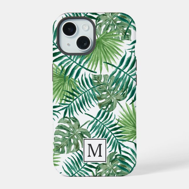 Coque iPhone 15 Monogramme de feuilles de palmier botanique vert é (Verso)