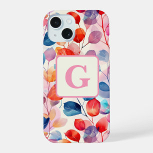 Coque iPhone 15 Monogramme de feuilles d'eucalyptus à l'aquarelle