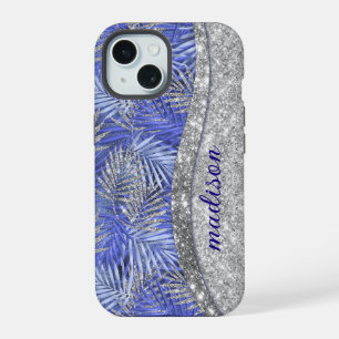 Coque iPhone 15 monogramme de feuilles pailletées bleu violet arge
