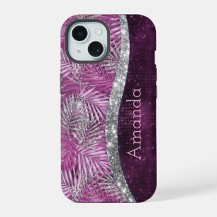Coque iPhone 15 Monogramme de feuilles scintillantes rose violet a