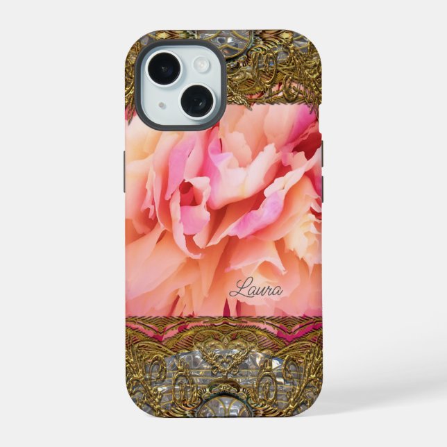 Coque iPhone 15 Monogramme de fluide élegant de pivoine (Verso)