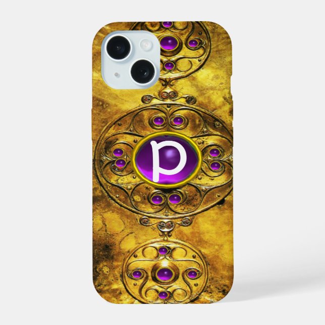 COQUE iPhone 15 MONOGRAMME DE GEM DE L'AMÉTHYSTE DE L'ÉCHELLE DE G (Verso)