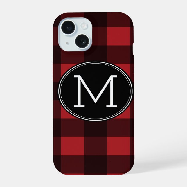 Coque iPhone 15 Monogramme de Motif de Buffle Noir Rouge Rustique (Verso)
