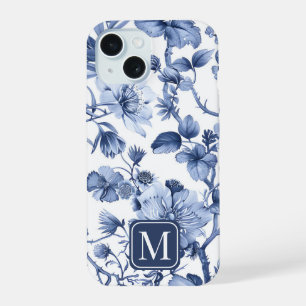 Coque iPhone 15 Monogramme de motif de toile vintage florale bleue