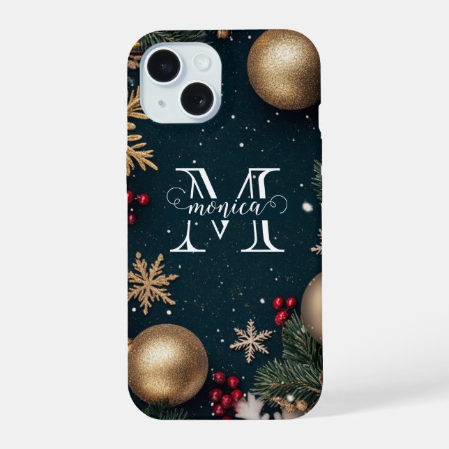 Coque iPhone 15 Monogramme de Noël élégant bleu foncé (Verso)