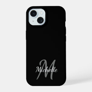 Coque iPhone 15 Monogramme de nom minimal en noir et blanc + Initi