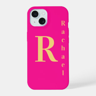 Coque iPhone 15 Monogramme de nom moderne élégant rose chaud