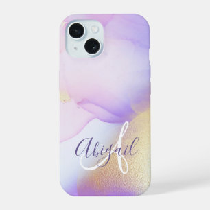 Coque iPhone 15 Monogramme de nom personnalisé en aquarelle violet