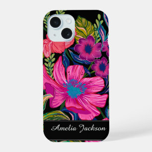 Coque iPhone 15 Monogramme de pivoine florale à l'aquarelle