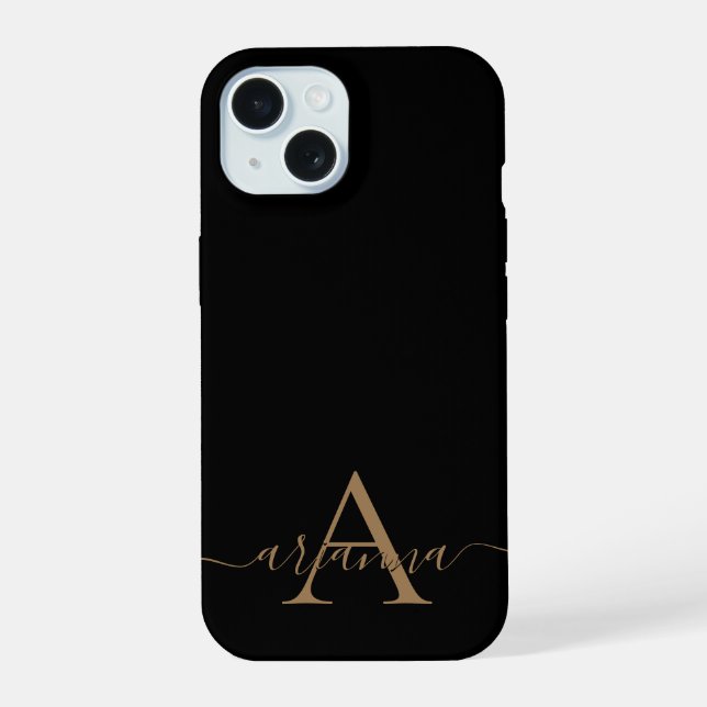 Coque iPhone 15 Monogramme de script féminin or noir moderne (Verso)