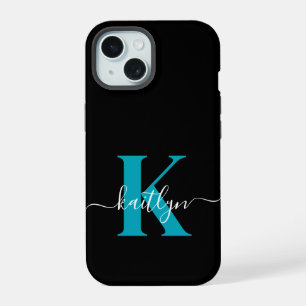 Coque iPhone 15 Monogramme de script sarcelle noir moderne