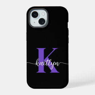 Coque iPhone 15 Monogramme de script violet noir