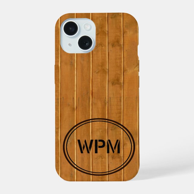 Coque iPhone 15 Monogramme de style bois tamponné (Verso)
