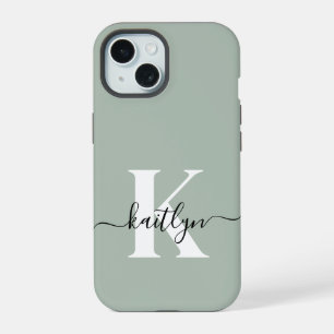 Coque iPhone 15 Monogramme de style moderne vert sauge