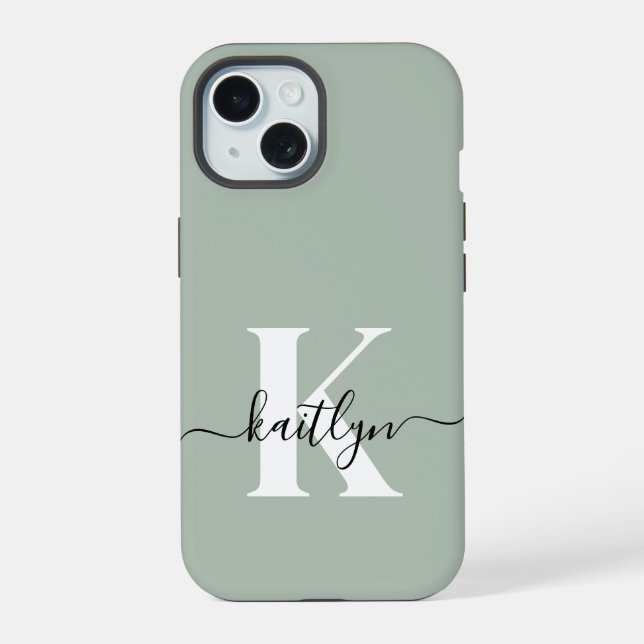 Coque iPhone 15 Monogramme de style moderne vert sauge (Verso)