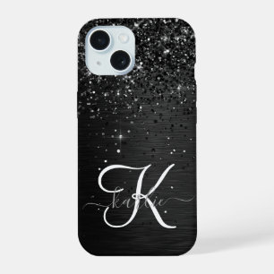 Coque iPhone 15 Monogramme d'étincelle à Parties scintillant noire