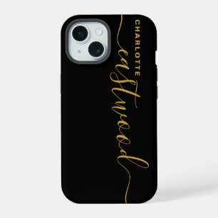 Coque iPhone 15 Monogramme d'or minimaliste moderne noir