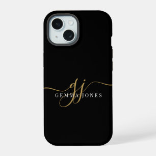 Coque iPhone 15 Monogramme d'or moderne Nom du script féminin Noir