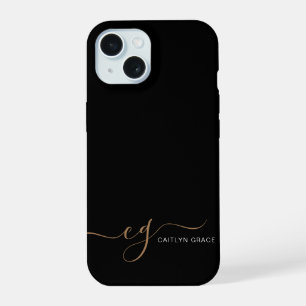 Coque iPhone 15 Monogramme écriture féminine or noir moderne