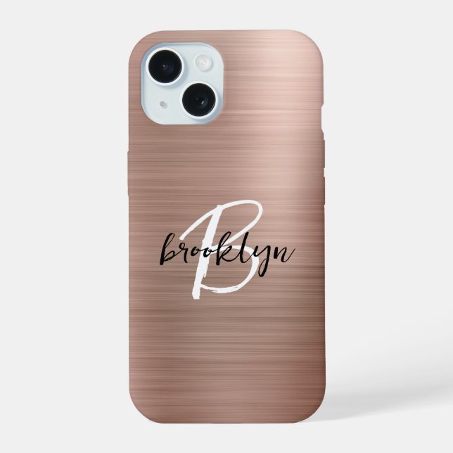 Coque iPhone 15 Monogramme écriture métallisé or rose  (Verso)