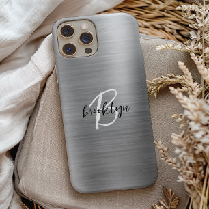 Coque iPhone 15 Monogramme écriture noir et blanc sur métal brossé