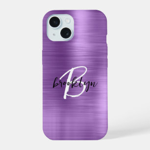Coque iPhone 15 Monogramme écriture noire et blanche sur métal bro