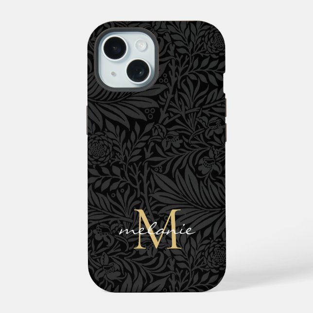 Coque iPhone 15 Monogramme élégant à motif floral noir et écriture (Verso)
