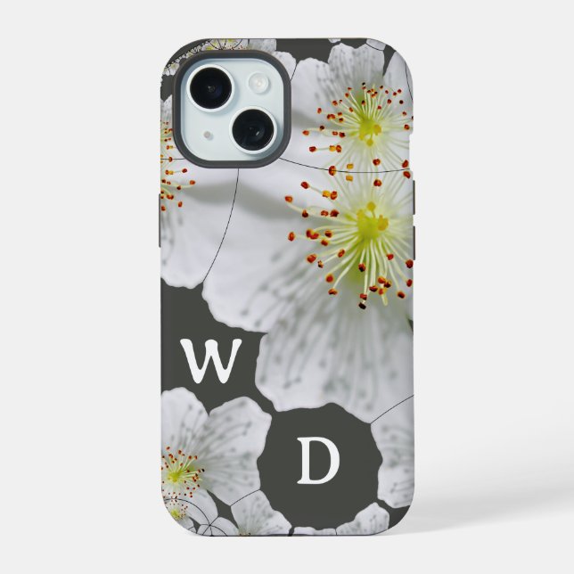 Coque iPhone 15 Monogramme Élégant Cute Floral Art Charbon (Verso)