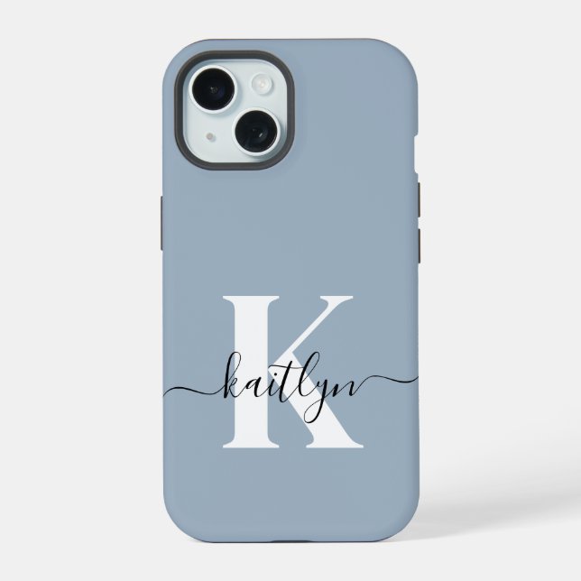 Coque iPhone 15 Monogramme élégant en bleu poussiéreux (Verso)