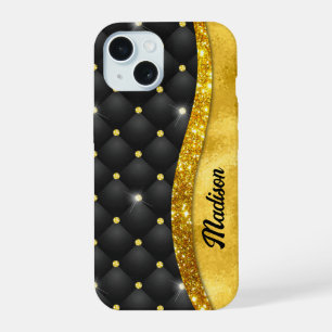 Coque iPhone 15 Monogramme élégant faux diamant noir paillettes or