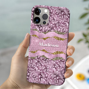 Coque iPhone 15 Monogramme élégant floral scintillant rose violet