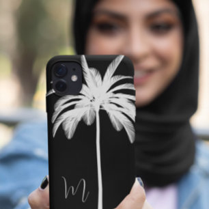 Coque iPhone 15 Monogramme élégant noir et blanc de palmier