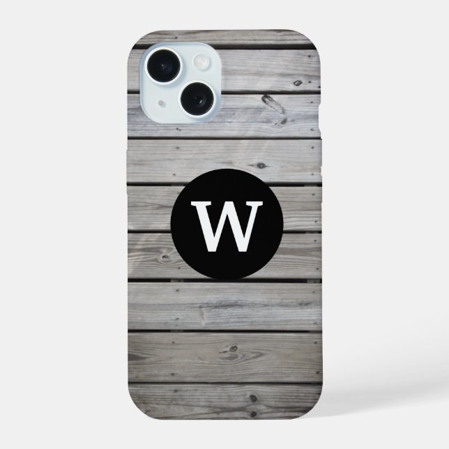 Coque iPhone 15 Monogramme en bois rustique (Verso)