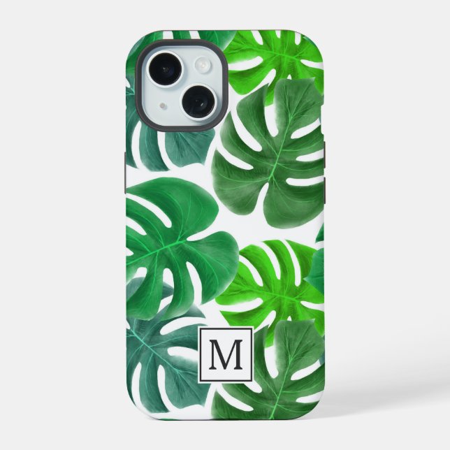 Coque iPhone 15 Monogramme Feuille de Palm moderne (Verso)