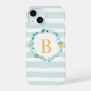 Coque iPhone 15 Monogramme floral aqua et jaune féminin