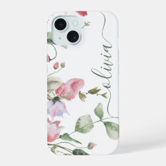 Coque iPhone 15 Monogramme Floral Aquarelle de Style Moderne