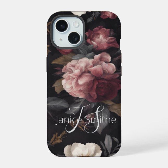 Coque iPhone 15 Monogramme Floral Foncé (Verso)
