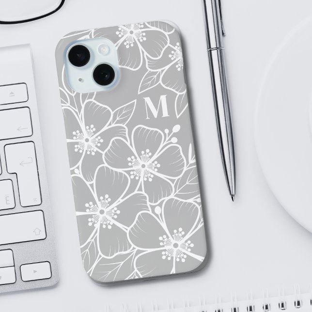Coque iPhone 15 Monogramme Floral Gris (Girly Chic Gray Floral Monogram Initial iPhone 15 Case)