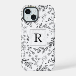 Coque iPhone 15 Monogramme floral noir blanc
