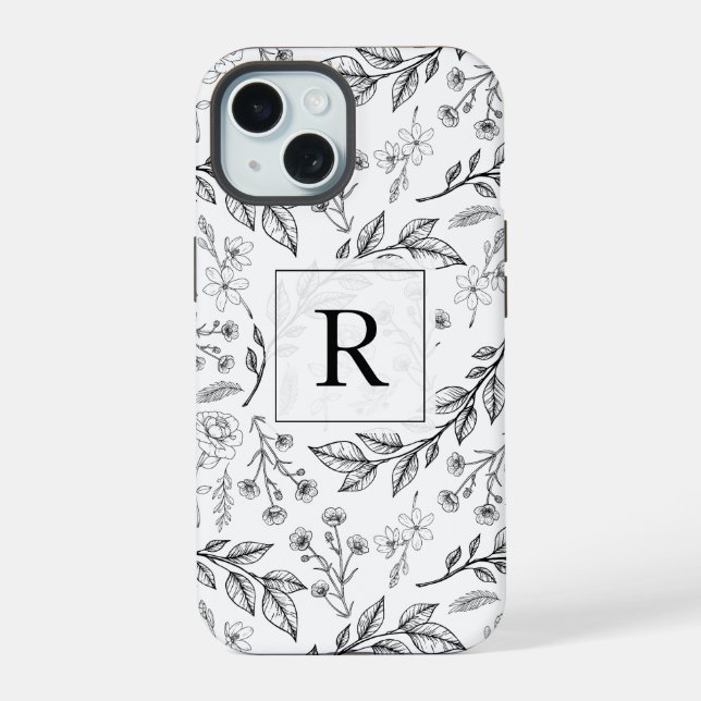 Coque iPhone 15 Monogramme floral noir et blanc  (Verso)
