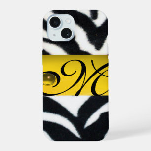 Coque iPhone 15 MONOGRAMME FOURRURE DE ZÈBRE JAUNE NOIR BLANC,Topa