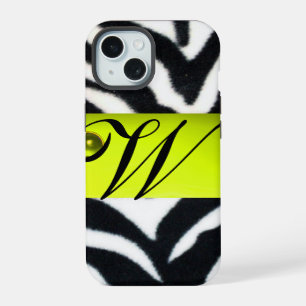 Coque iPhone 15 MONOGRAMME FOURRURE ZÈBRE JAUNE NOIR BLANC,Topaze