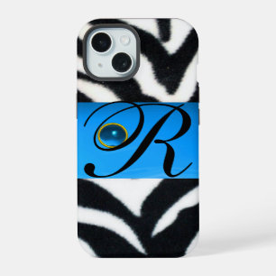 COQUE iPhone 15 MONOGRAMME GEMME BLEU AQUA FOURRURE ZÈBRE NOIR BLA