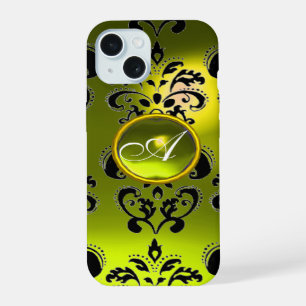 COQUE iPhone 15 MONOGRAMME GEMME DAMASSÉ NOIR JAUNE