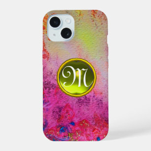 COQUE iPhone 15 MONOGRAMME GEMME JAUNE FLEURALE VIOLETTE ROSE ABST